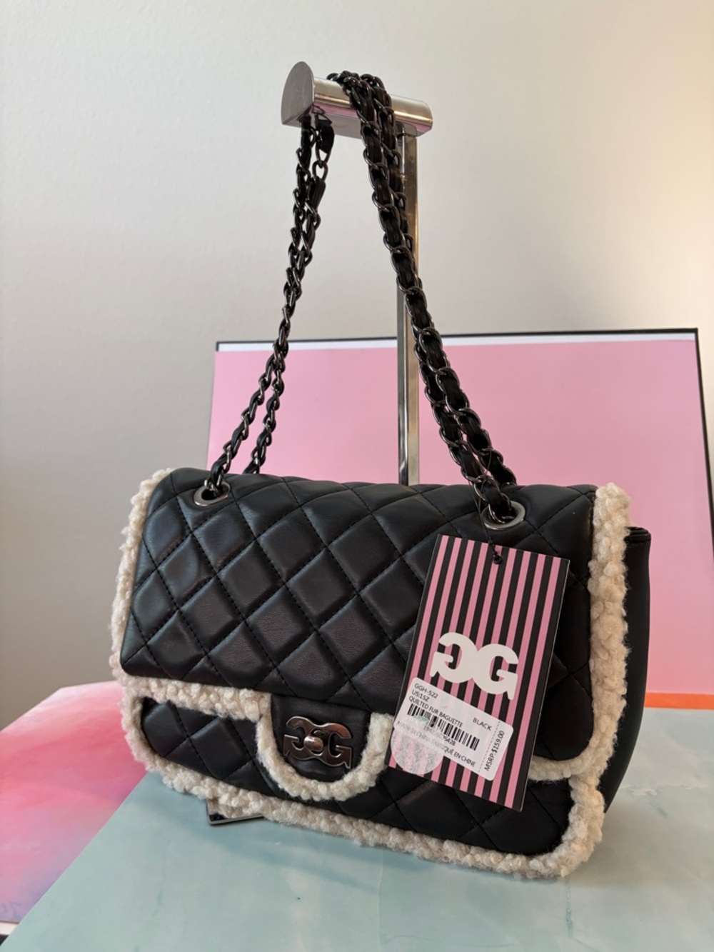 🖤 Gilda Paris NWT Quilted Black Vegan Leather Bag with Faux Shearling Trim ✨